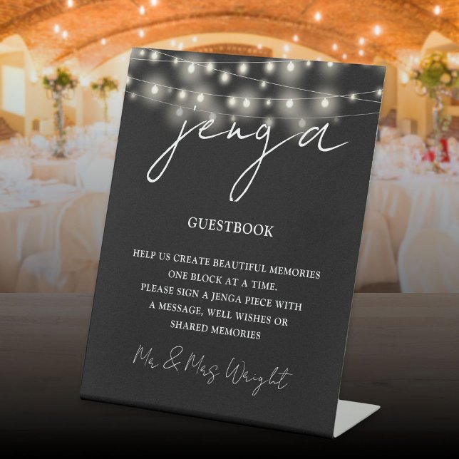 Signe De Table Jenga Guides Chaîne Noire Et Blanc (Jenga Guestbook Black And White String Lights Pedestal Sign)
