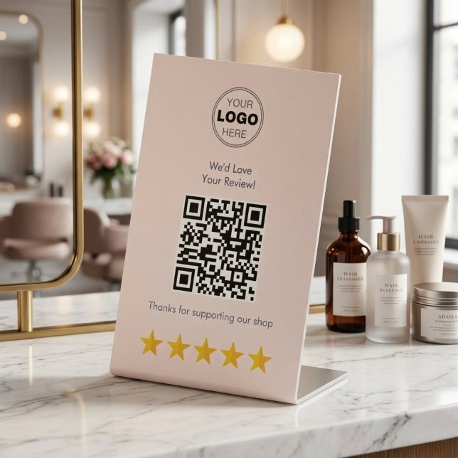 Signe De Table Joli code QR rose pastel pour avis client (Boost Your Small Biz Reviews! Cute Blush Pink QR Code Pedestal Sign for Salons & Cafes)