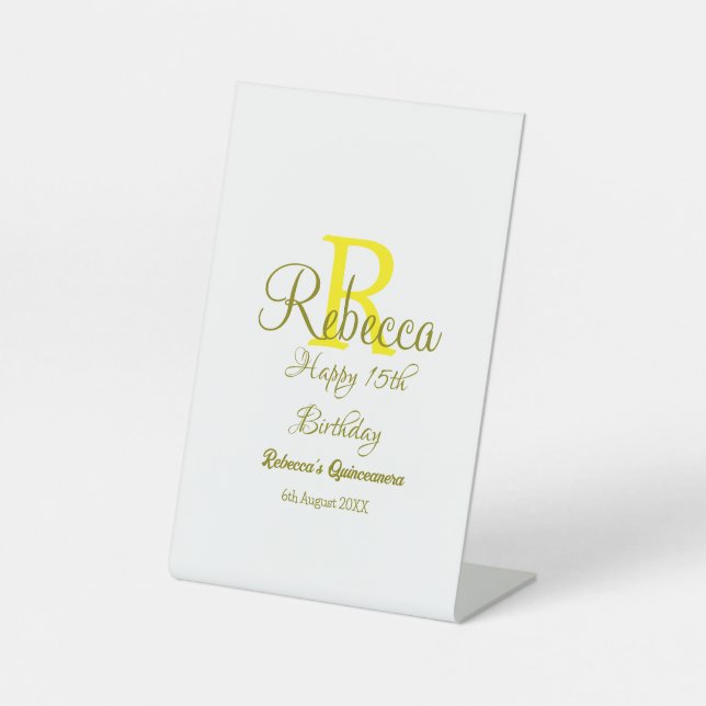 Signe De Table Joyeux 15e anniversaire jaune ajouter nom monogram (Recto)