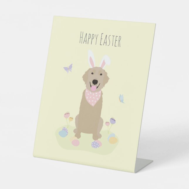 Signe De Table Joyeux Bunny de Pâques Golden Retriever Étiquette  (Recto)