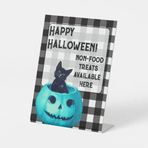 Signe De Table Joyeux Halloween Citrouille Sarcelle et Carreaux 