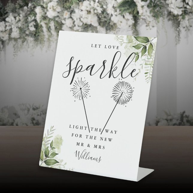 Signe De Table Laisser l'amour étinceler Floral Mariage de verdur (Let Love Sparkle Floral Greenery Wedding Pedestal Sign)