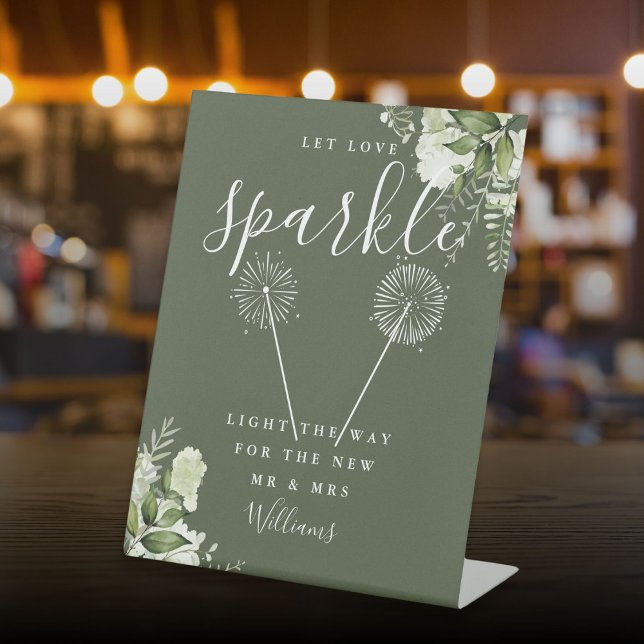 Signe De Table Laissez l'amour étinceler Floral Olive Green Maria (Let Love Sparkle Floral Olive Green Wedding Pedestal Sign)