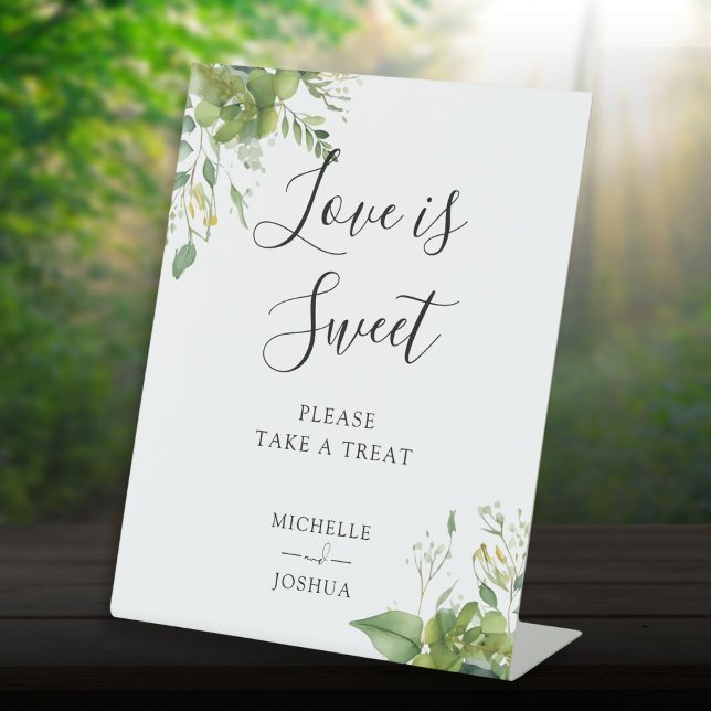 Signe De Table L'Amour Floral Verdoyant Est Une Bonne Faveur (Greenery Floral Love Is Sweet Favors Pedestal Sign)