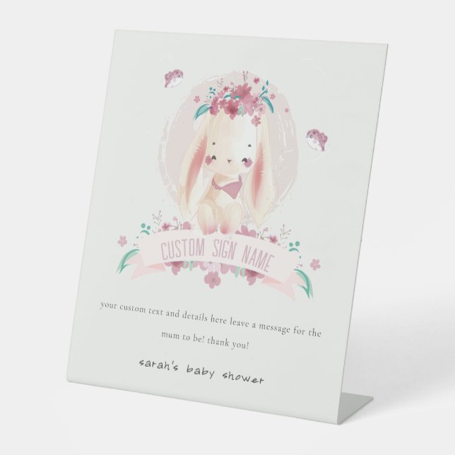 Signe De Table Lapin rose et oiseaux Baby shower Fête sur mesure (Recto)