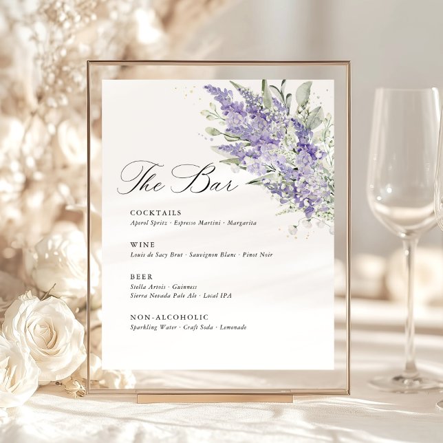 Signe De Table Lavender & Sage Green Floral Wedding Bar Menu (Lavender sage green floral wedding bar menu sign, romantic watercolor garden wedding reception)