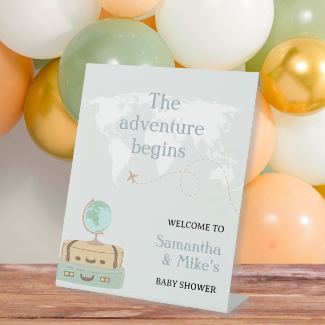 Signe De Table L'aventure commence Carte du monde Baby shower de  (The Adventure Begins World Map Travel Baby Shower Pedestal Sign)