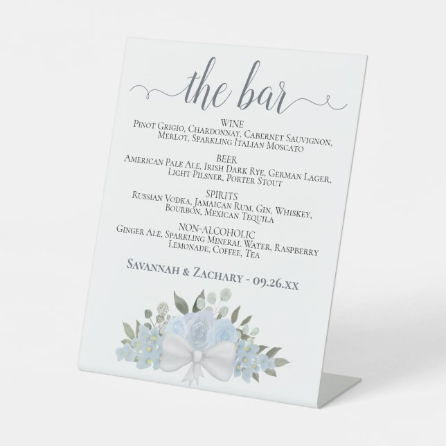 Signe De Table Le Bar - Dusty Blue Floral Boissons Menu Mariage (Recto)