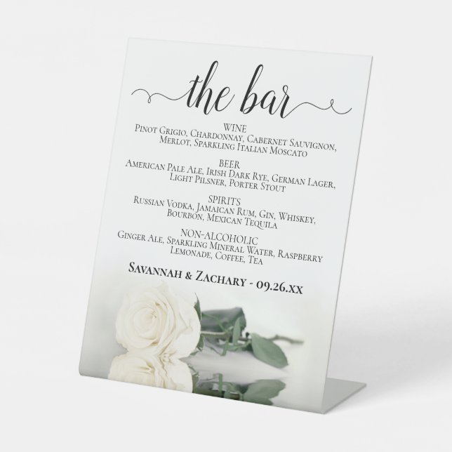 Signe De Table Le Bar - Élégante Rose Blanche Boissons Menu Maria (Recto)