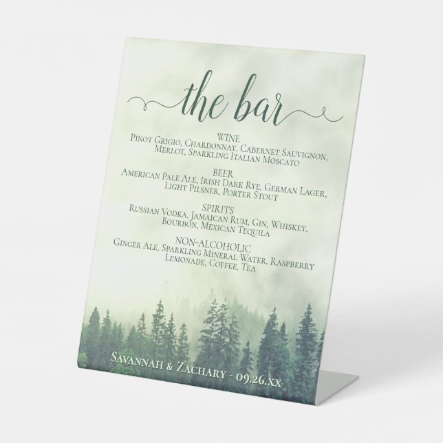 Signe De Table Le Bar - Pins Vert Foggy Boissons Menu Mariage (Recto)