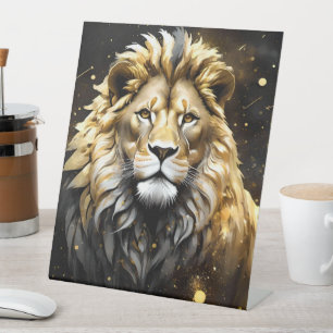 Signe De Table Le Roi : L'Or Majestic Et Le Lion Mâle Gris,