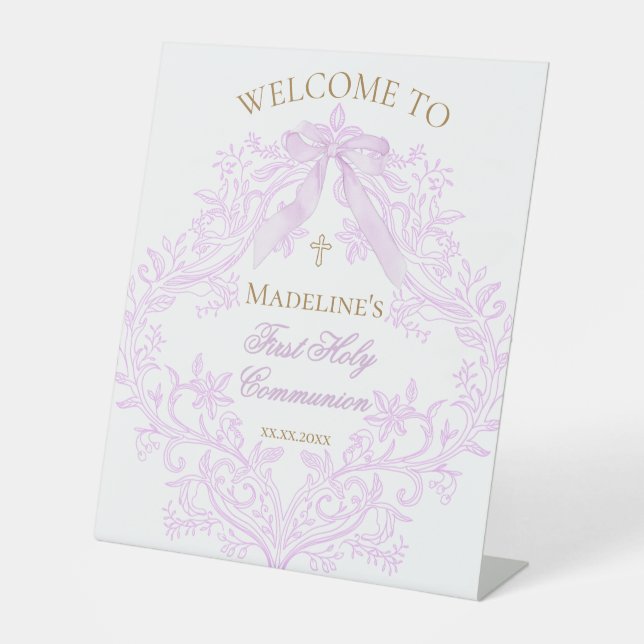 Signe De Table lilac design First Holy Communion welcome (Recto)