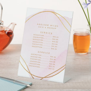 Signe De Table Liste de prix de service Or Aquarelle Rose Script