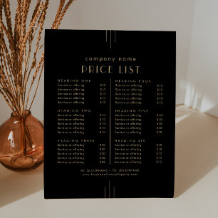 Signe De Table Liste de prix des services commerciaux noir et or