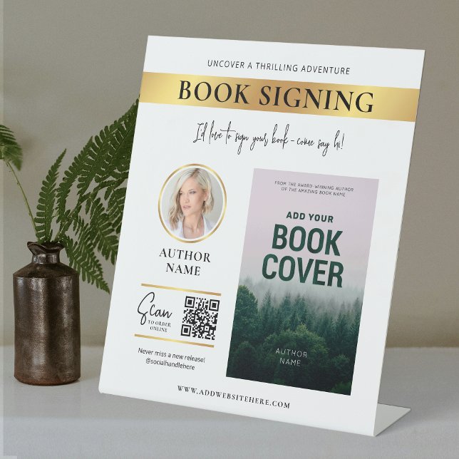 Signe De Table Livre de signature Couverture du livre Auteur Phot (Modern white and gold Book Promotion table top sign design with your custom photos and text)