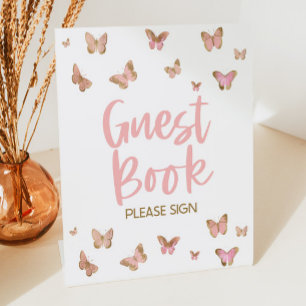 Signe De Table Livre d'invité de papillon rose S'il vous plaît Si