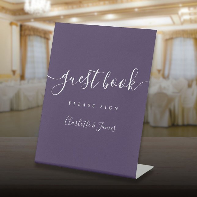 Signe De Table Livre d'invité du script de signature violet (Purple Signature Script Guest Book Pedestal Sign)