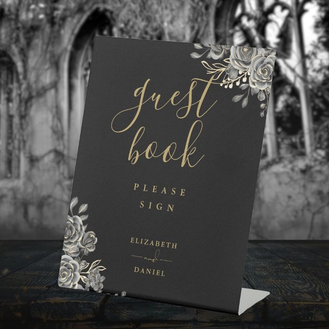 Signe De Table Livre D'Invité Gothique Rose Floral Noir Et Or (Black And Gold Gothic Roses Floral Guest Book Pedestal Sign)