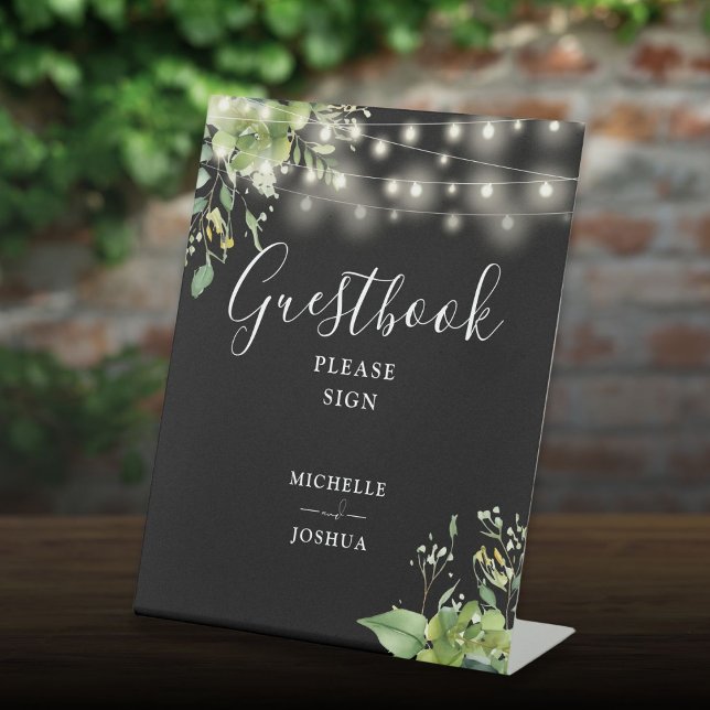 Signe De Table Livre D'Invité Noir Et Blanc Éclairé Par Des Chaîn (Greenery String Lights Black And White Guestbook Pedestal Sign)