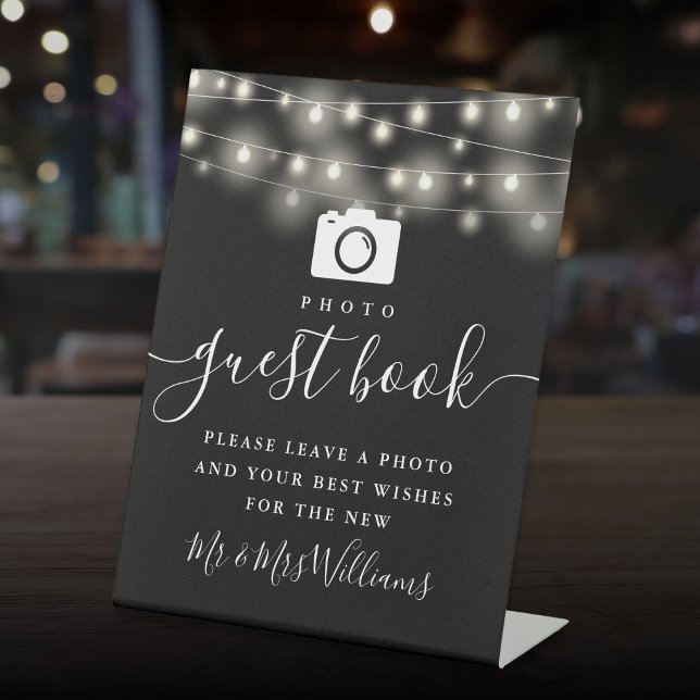 Signe De Table Livre d'invités photo Black and White String Light (Black And White String Lights Photo Guest Book Pedestal Sign)