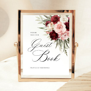 Signe De Table Livre d'or de mariage floral rose carmin de Bourgo
