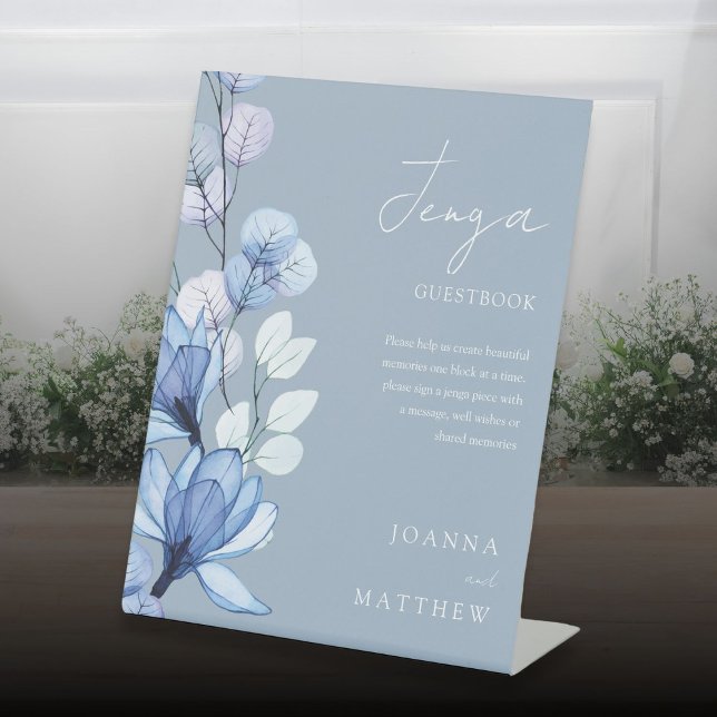 Signe De Table Livre d'or Mariage Dusty Blue Floral Jenga (Dusty Blue Floral Jenga Wedding Guestbook Pedestal Sign)
