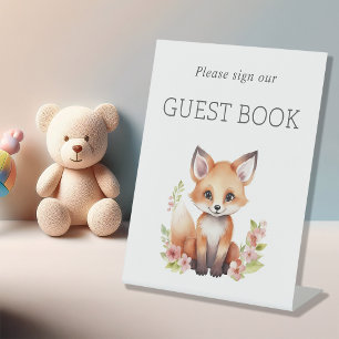 Signe De Table Livre d'or pour Baby Shower Renard de la Forêt Ros
