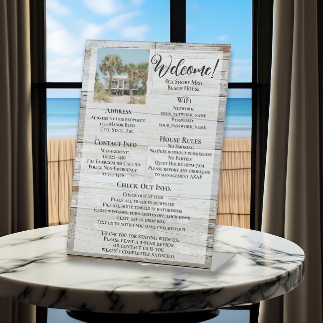 Signe De Table Location de vacances Bienvenue Information de l'in (beach vacation rental home photo guest information sign)