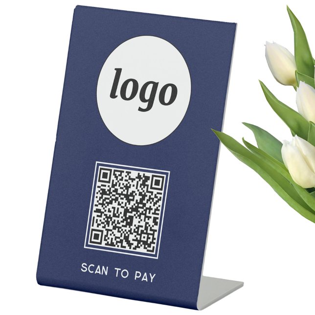 Signe De Table Logo Code QR Entreprise Numériser pour Payer Bleu  (Simple logo QR code with custom text business branding promotional scan to pay table pedestal sign)