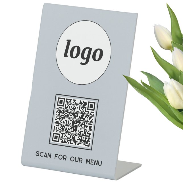 Signe De Table Logo Code QR Entreprise Scanner pour Menu Bleu Cla (Logo with custom text and QR code light dusty powder blue business Scan for Menu pedastal sign)