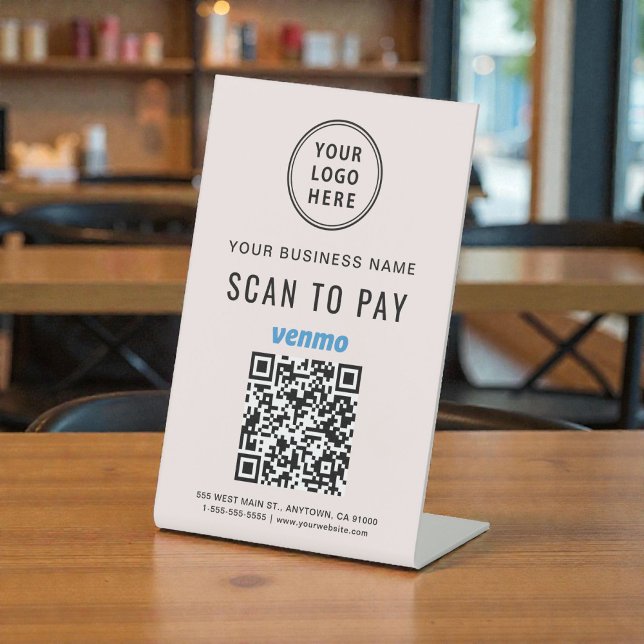 Signe De Table Logo code QR Venmo rose numéros scannés pour payer (Venmo QR Code Scan to Pay Logo Pink Pedestal Sign)