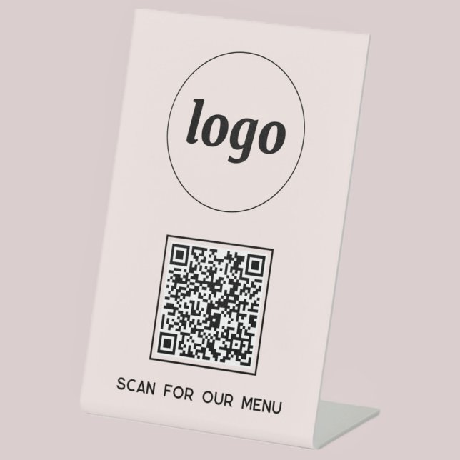 Signe De Table Logo de code QR Analyse d'entreprise pour le menu  (Blush pink logo with QR code scan for menu pedestal sign for client or customer facing business)