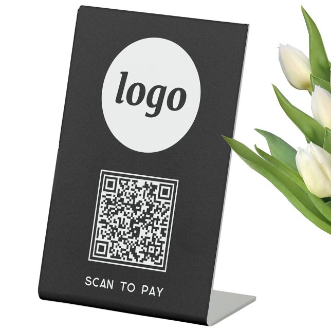 Signe De Table Logo de code QR Analyse d'entreprise pour payer no (Simple logo with QR and custom text scan to pay pedestal sign for restaurant etc)