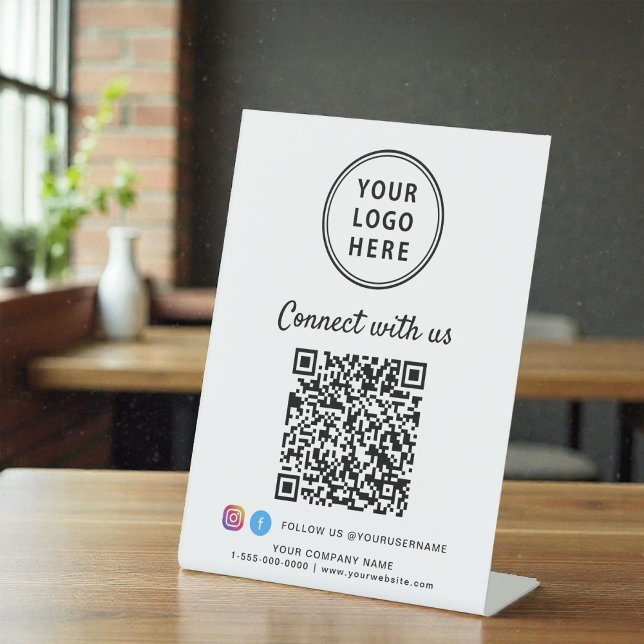 Signe De Table Logo de l'entreprise Connectez-vous avec nous Crée (Business Logo Connect With Us Create Your QR Code Pedestal Sign)