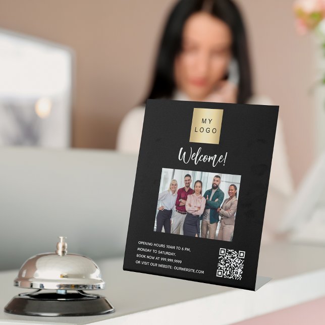 Signe De Table Logo de l'entreprise photo noire bienvenue code QR (Créateur téléchargé)