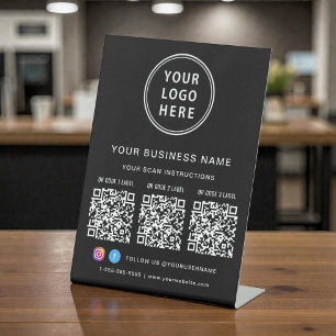 Signe De Table Logo d'entreprise 3 codes QR Réseaux sociaux Noir