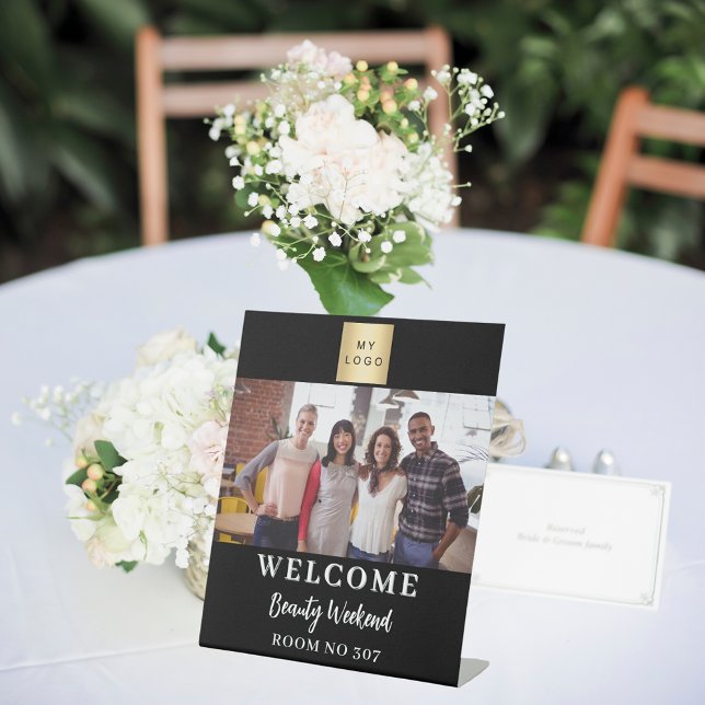 Signe De Table Logo d'entreprise photo noir blanc accueil (Créateur téléchargé)