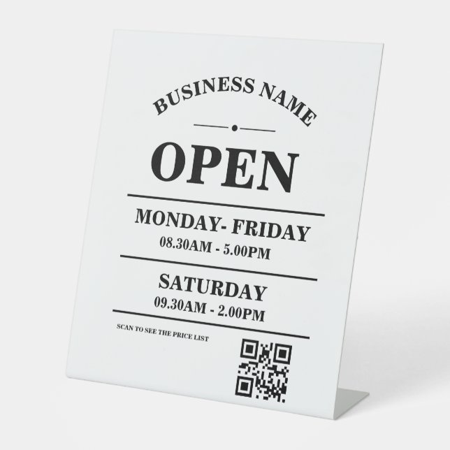 Signe De Table Logo et code QR des heures d'ouverture d'entrepris (Recto)