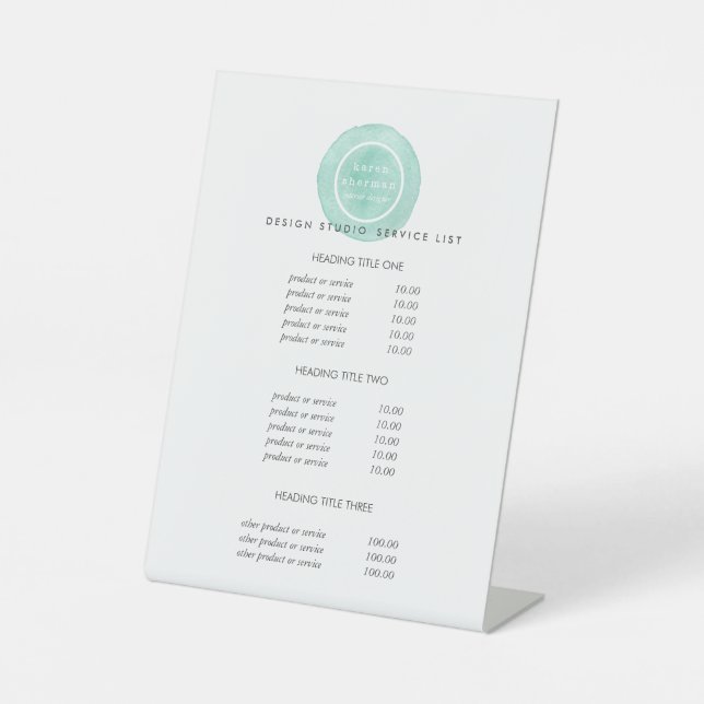 Signe De Table Logo féminin turquoise Salon Prix & Services (Recto)