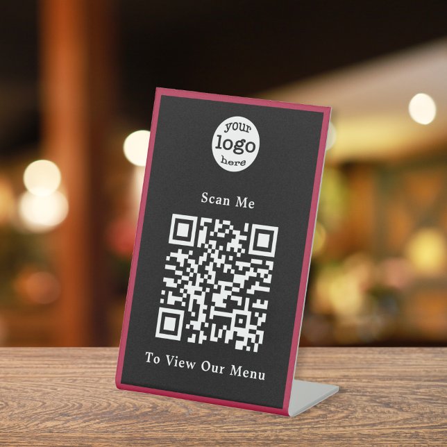 Signe De Table Logo noir et blanc Bourgogne QR Code Restaurant (Black and White Burgundy Logo QR Code Restaurant Pedestal Sign)