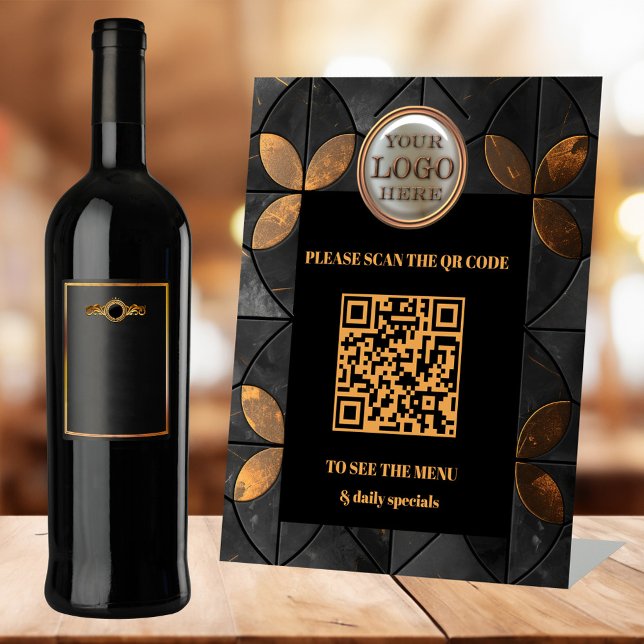 Signe De Table Logo noir or élégant Code QR Business (Stylish gold black business tabletop sign template - restaurant - coffee shop - company)