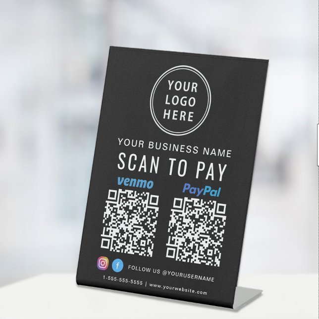 Signe De Table Logo Scan to Pay Paypal Venmo Codes QR Noir (A QR code sign to effortlessly connect your customers to your payment platforms)