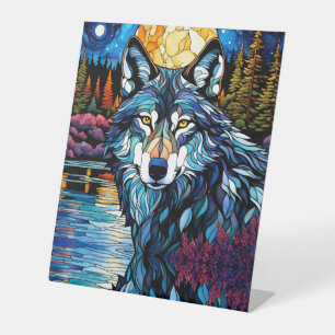 Signe De Table Loup gris dans le regard en verre tendu de la forê