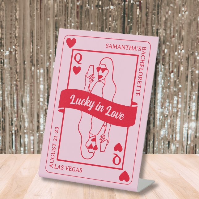 Signe De Table Lucky In Love Bold Rose & Red Bachelorette (Lucky In Love Bold Pink & Red Bachelorette Pedestal Sign)