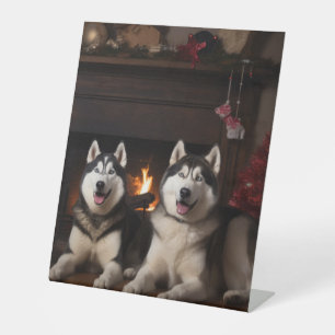 Signe De Table Malamute en Alaska près de la cheminée Noël