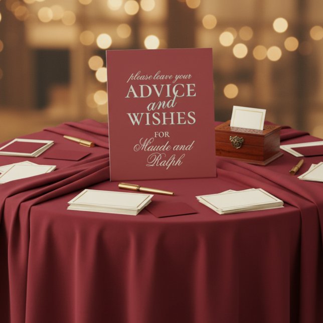 Signe De Table Mariage Ancienne Fortune Gras Rouge Conseils et Vœ (Invite guests to share their heartfelt advice and warm wishes with this Advice and Wishes Sign!)