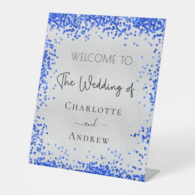 Signe De Table Mariage argent bleu bleu confetti bienvenue (Recto)