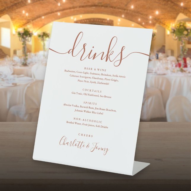 Signe De Table Mariage Boissons Menu Terracotta Signature Script (Wedding Drinks Menu Terracotta Signature Script Pedestal Sign)