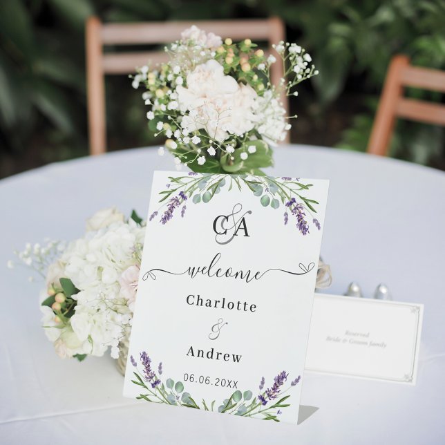 Signe De Table Mariage de bienvenue Lavender eucalyptus monogram (Créateur téléchargé)