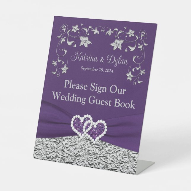 Signe De Table Mariage des Coeurs d'Amour Violet Gris (Recto)